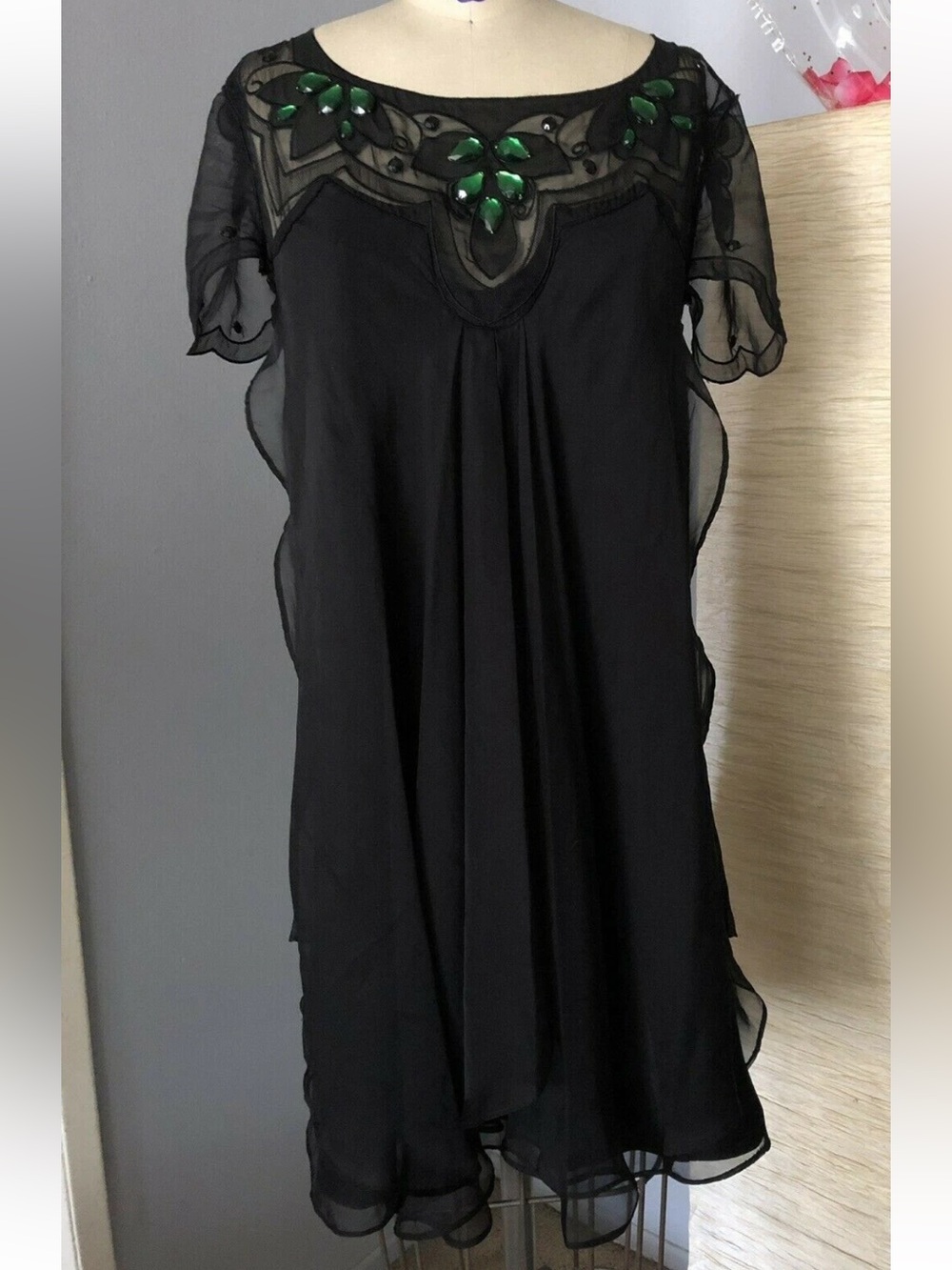 Just Cavalli Black Chiffon Midi Dress with Green Jewel Detail